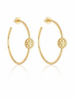 Tory Burch Gold Hoop Rope Earrings with Logo Medallion